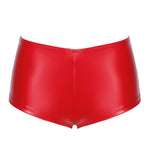 A further look at the Mysteria red high-waisted wetlook shorts