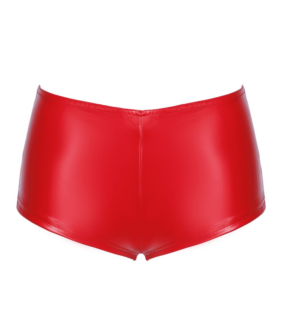 A further look at the Mysteria red high-waisted wetlook shorts