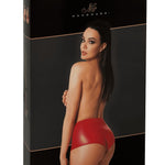 One more view of the Mysteria red high-waisted wetlook shorts