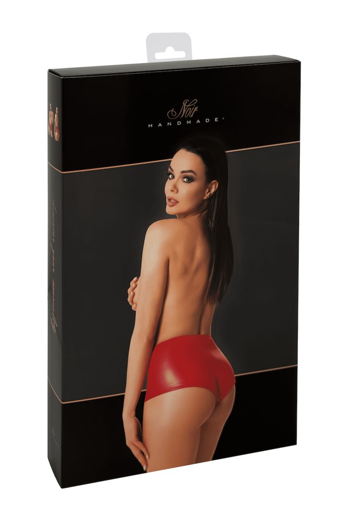 One more view of the Mysteria red high-waisted wetlook shorts