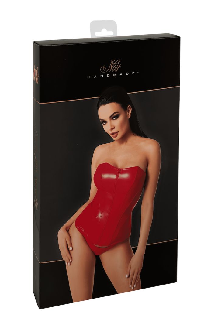 The Mysteria red wetlook corset, shown in an alternate image