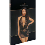 An additional view of the Mythos black flocked mesh mini dress