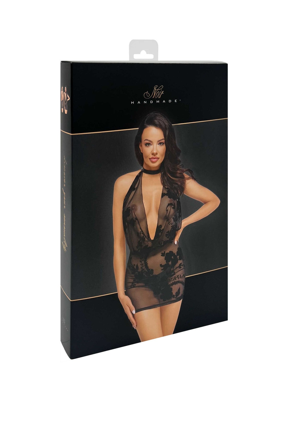 An additional view of the Mythos black flocked mesh mini dress