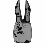The Mythos black flocked mesh mini dress seen from another angle