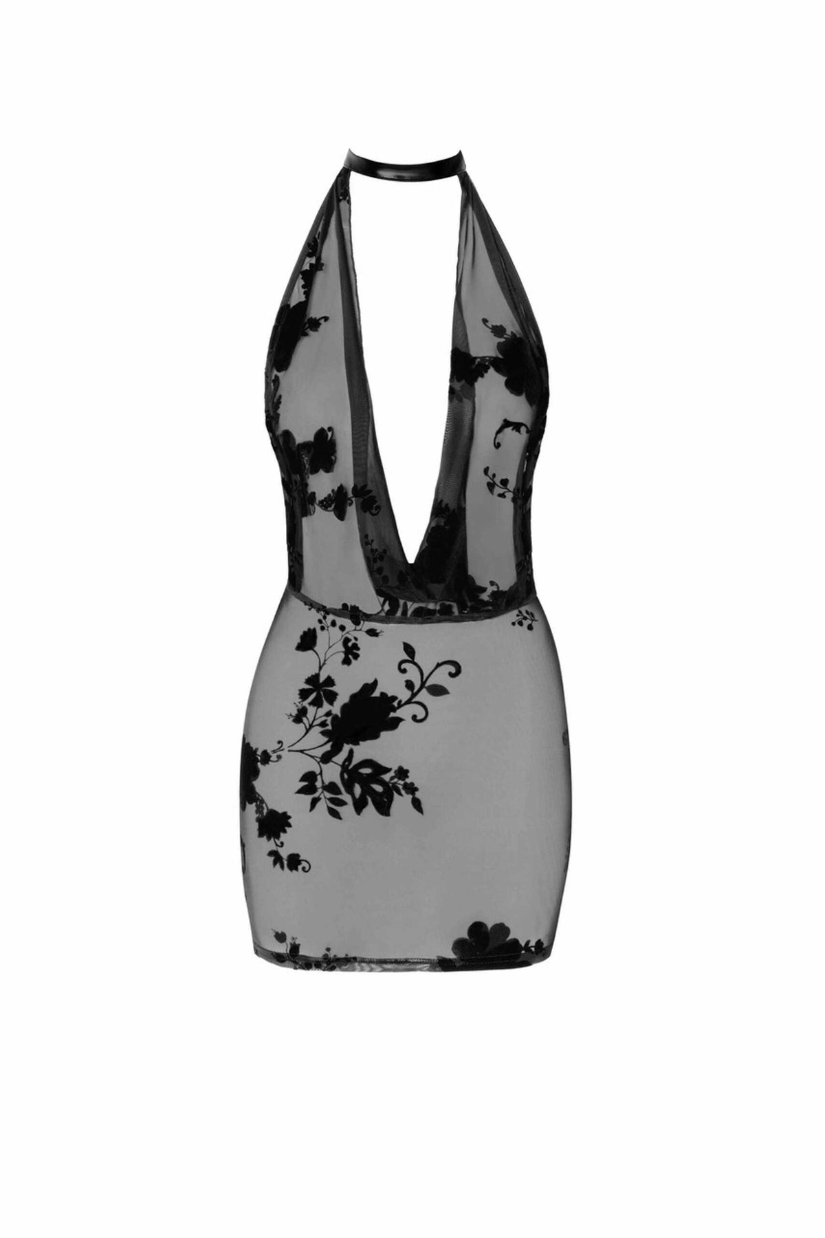 The Mythos black flocked mesh mini dress seen from another angle