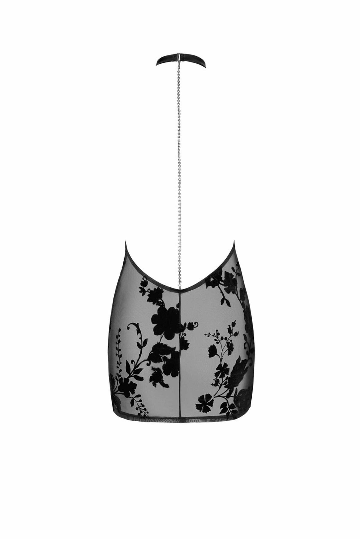 The Mythos black flocked mesh mini dress, featuring velvety floral motifs