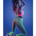Neon green and pink UV reactive bralette with footless suspender stockings, alternate view