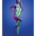 Neon green rhinestone knit teddy with matching gloves, alternate view