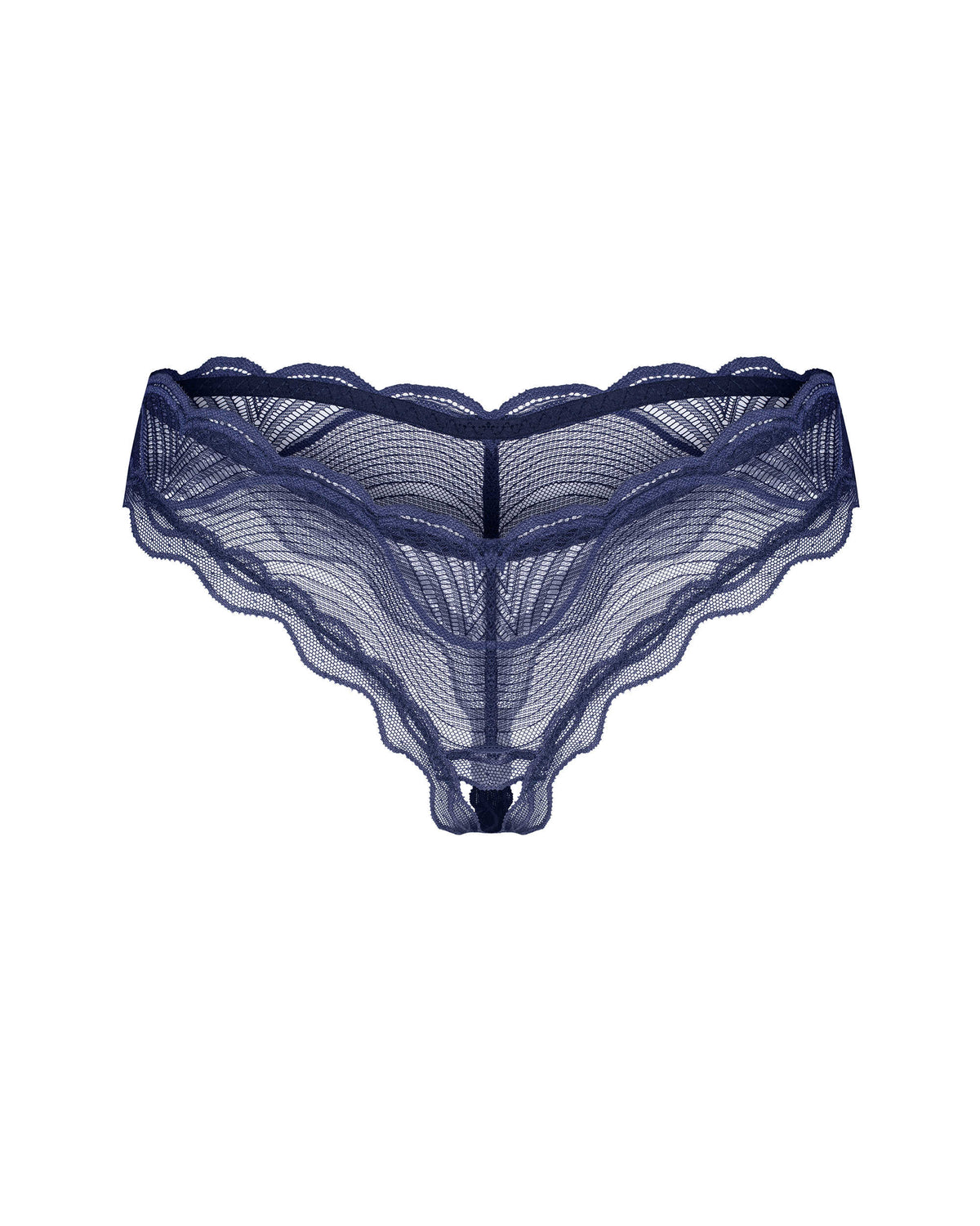 An additional view of the Nightly Blue navy blue crotchless thong