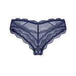 The Nightly Blue navy blue crotchless thong, featuring intricate patterns