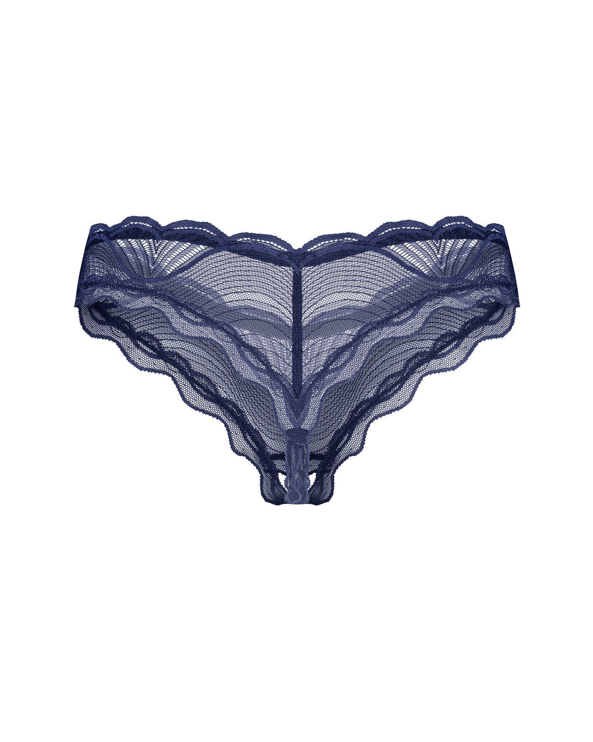 The Nightly Blue navy blue crotchless thong, featuring intricate patterns