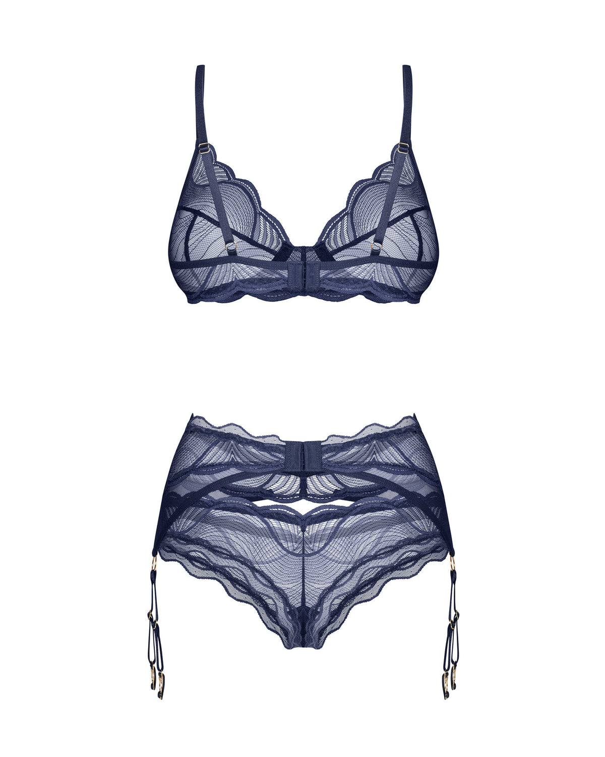 An additional view of the Nightly Blue navy blue three-piece lace set