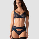 An alternate view of the Nightly Blue navy blue three-piece lace set, with an intricate lace motif