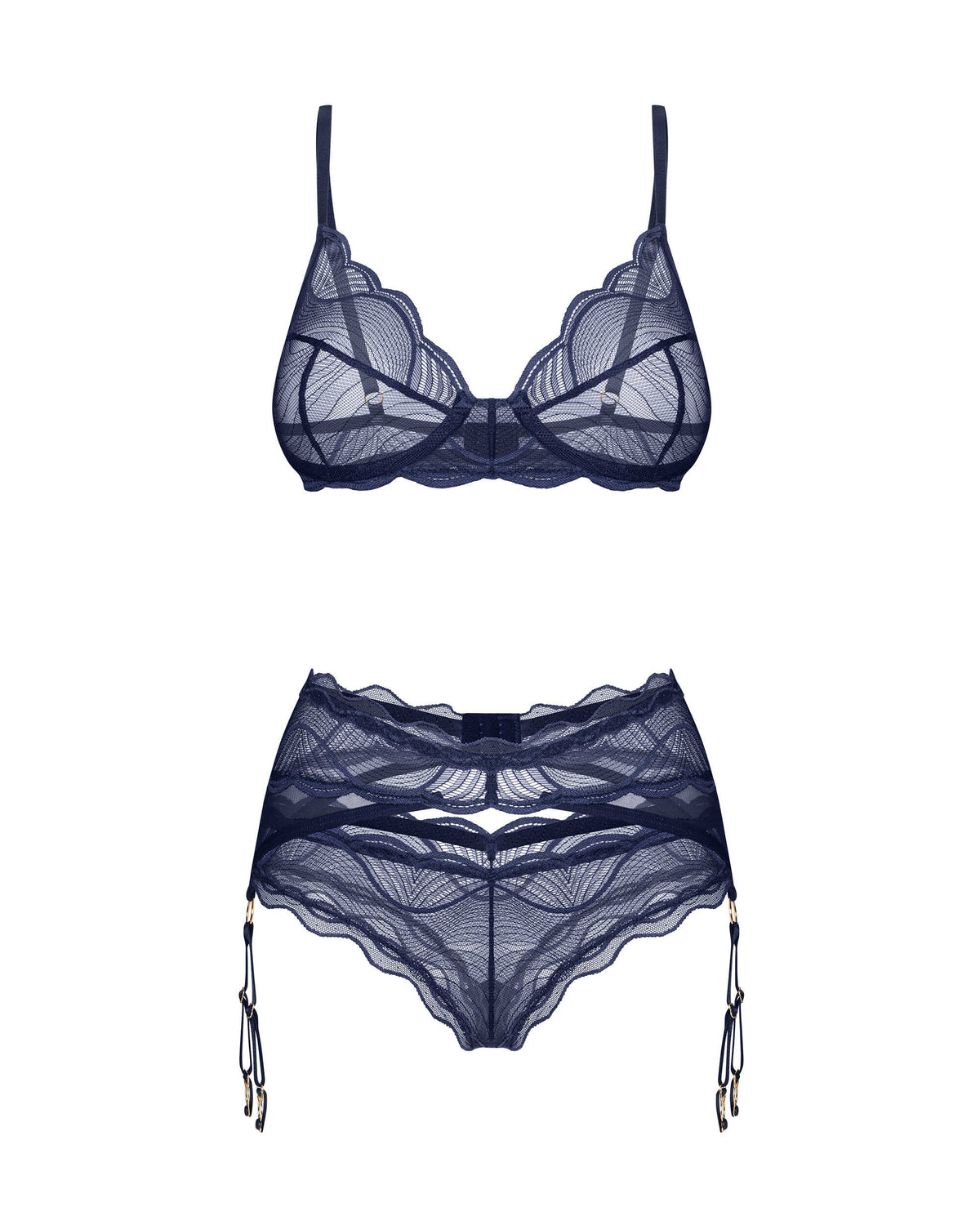 A further look at the Nightly Blue navy blue three-piece lace set