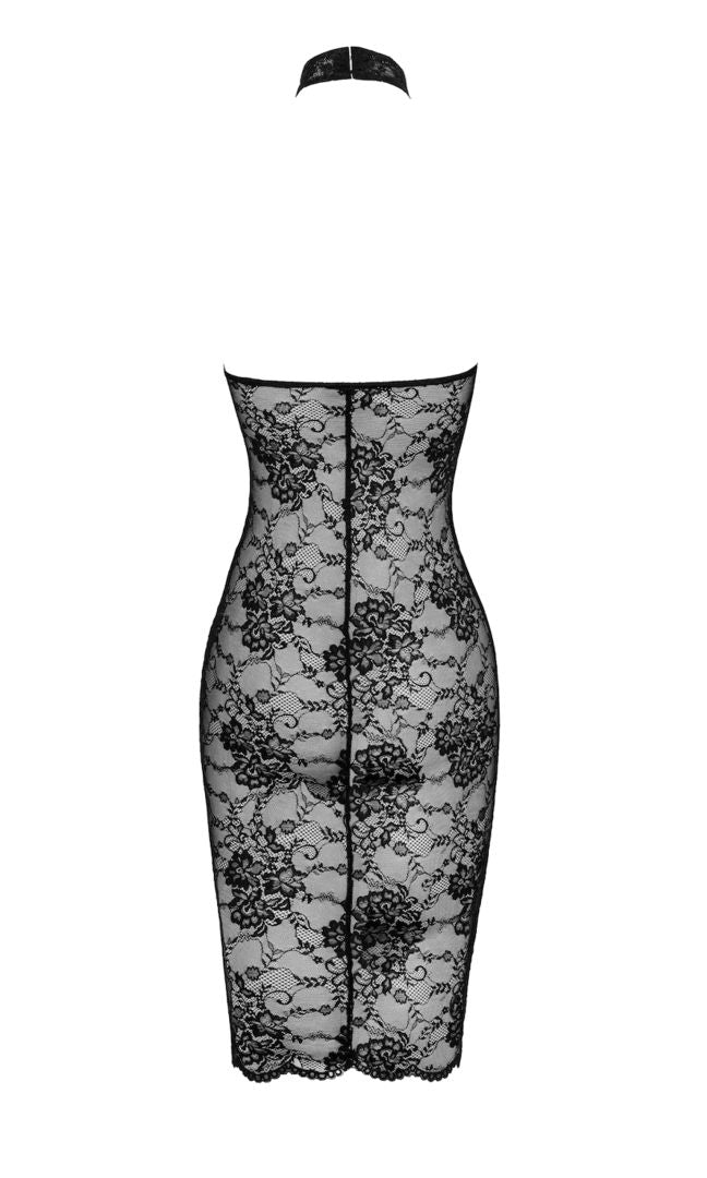 The Nocturne black lace midi dress, seen from a different angle