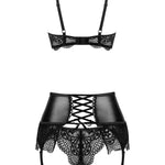 The Noir Fantasy black wet-look and lace set, seen from a different angle