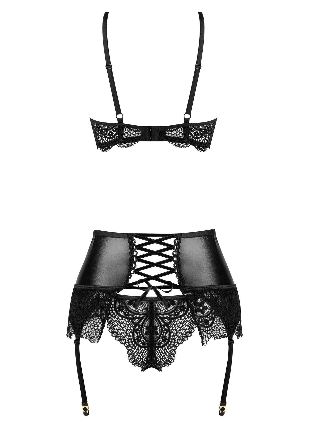 The Noir Fantasy black wet-look and lace set, seen from a different angle