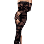 Bondesque black off-shoulder flocked tulle long dress by Noir Handmade
