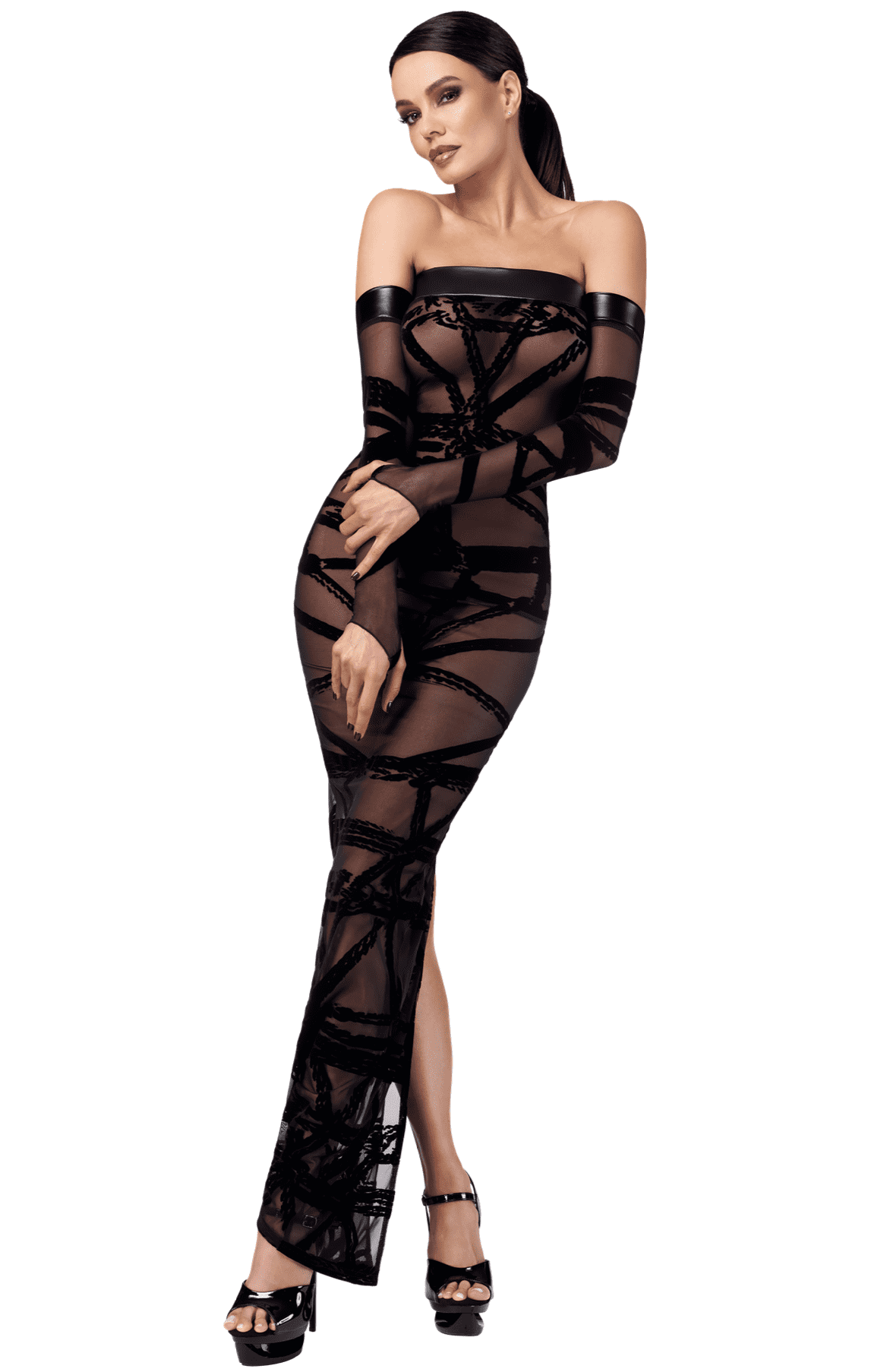 Bondesque black off-shoulder flocked tulle long dress by Noir Handmade