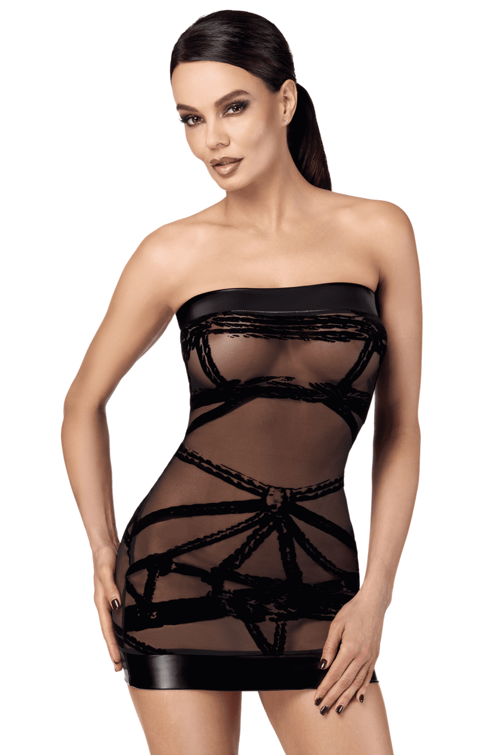 Bondesque black off-shoulder flocked tulle mini dress by Noir Handmade