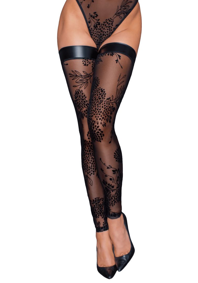 Black tulle hold-up stockings with flock embroidery by Noir Handmade