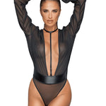 Black long-sleeved mesh bodysuit with collar strap by Noir Handmade