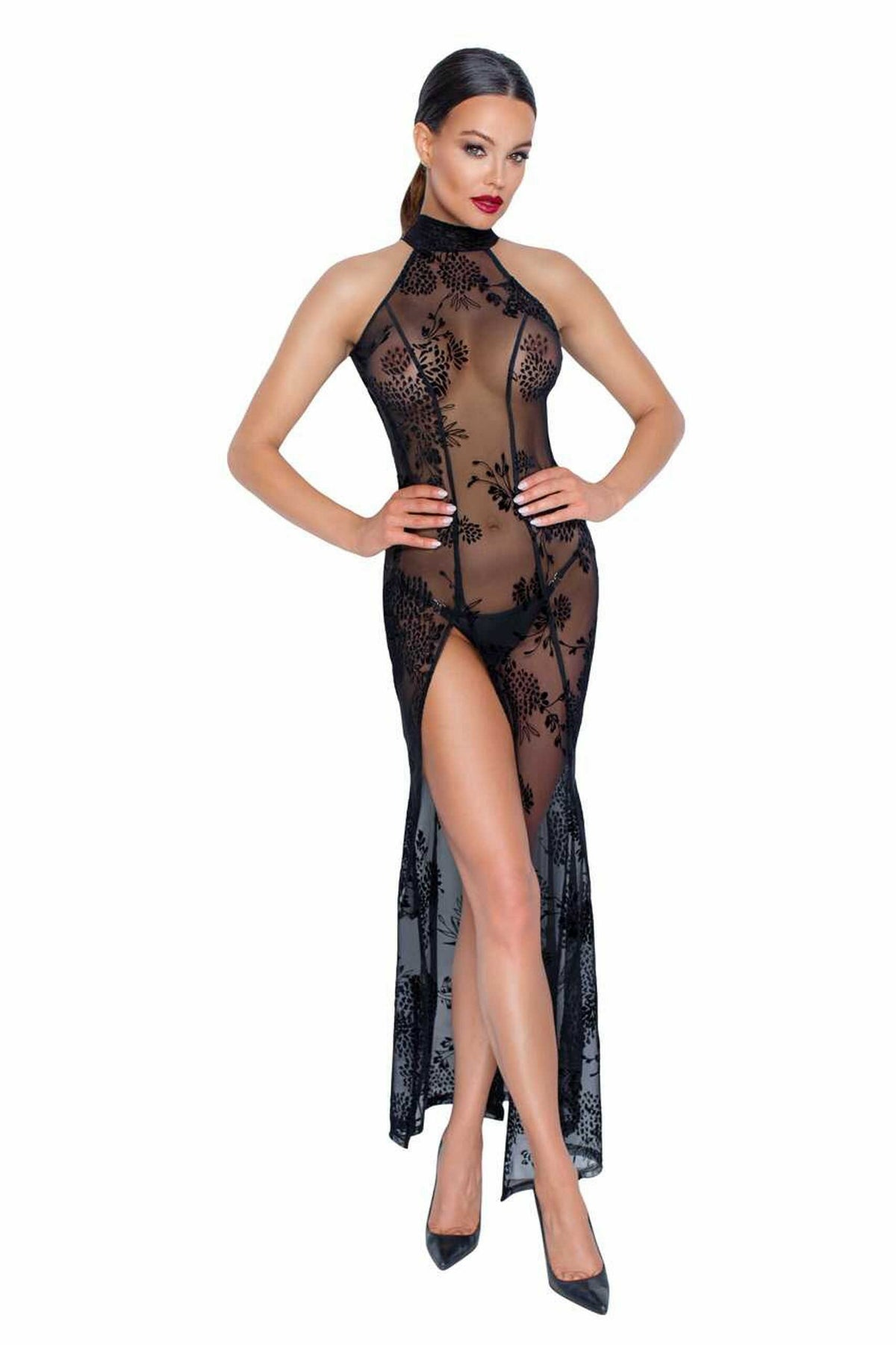 Black long embroidered tulle dress by Noir Handmade