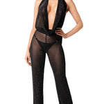 Luminara black shimmer mesh halter jumpsuit with wide legs by Noir Handmade
