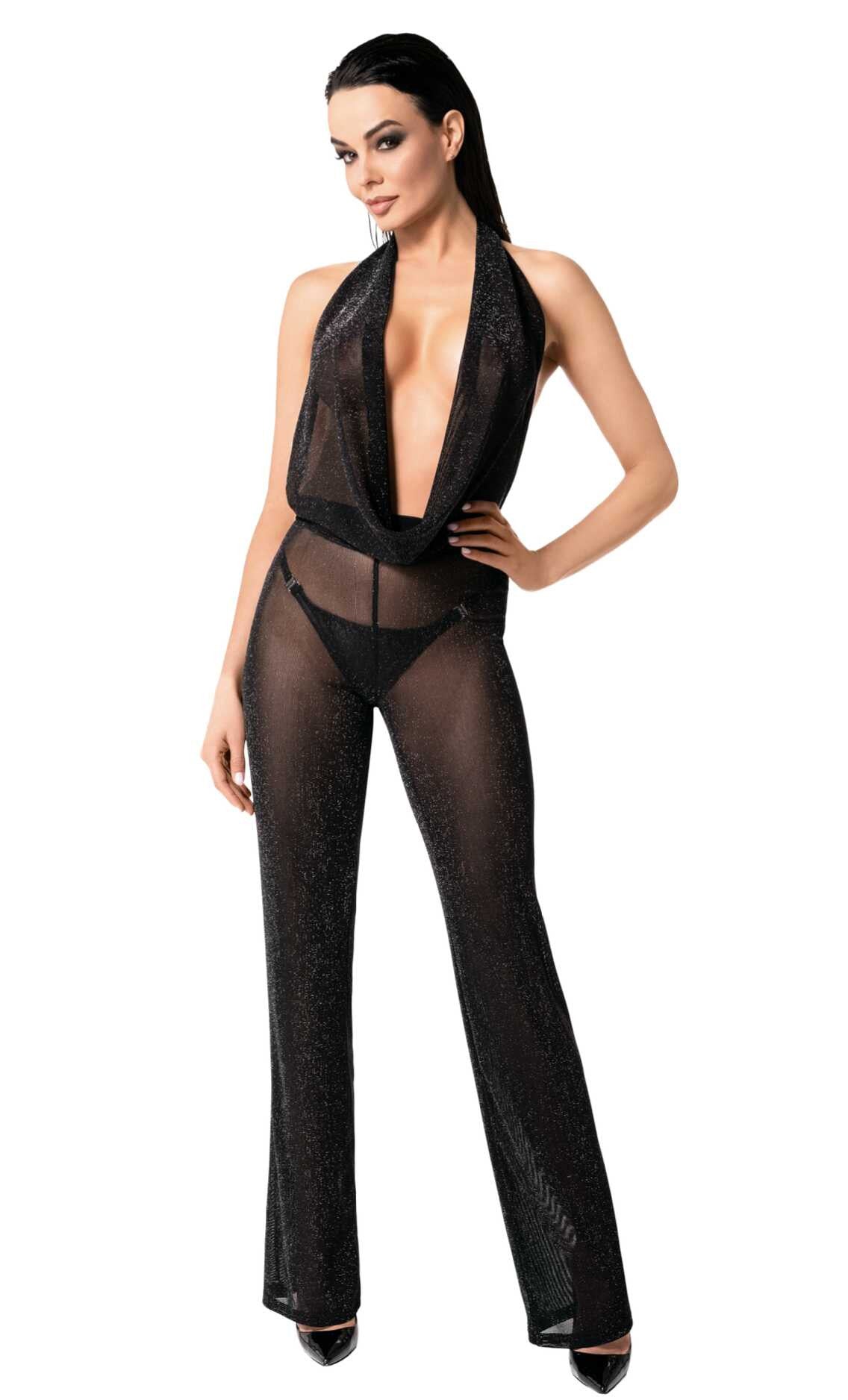 Luminara black shimmer mesh halter jumpsuit with wide legs by Noir Handmade