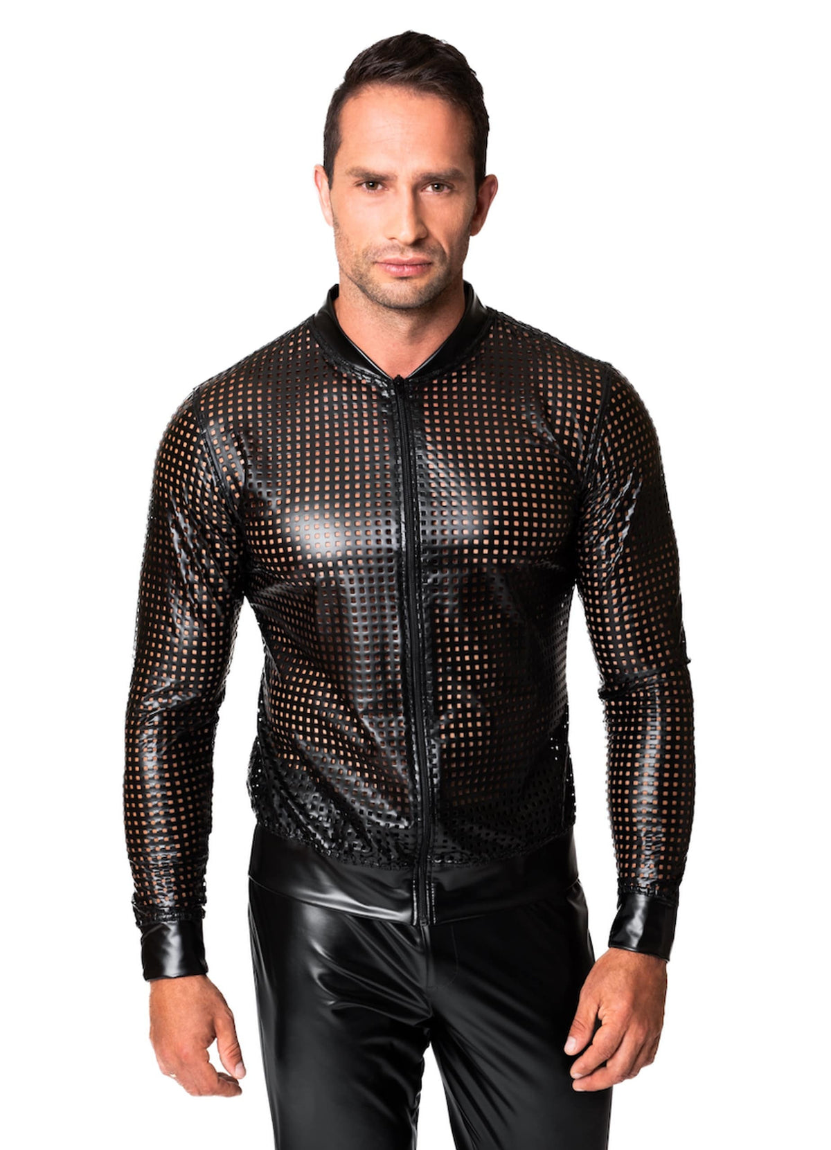 Mayhem black perforated wetlook zip bomber jacket by Noir Handmade