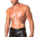 Mayhem black perforated wetlook briefs with front lacing by Noir Handmade