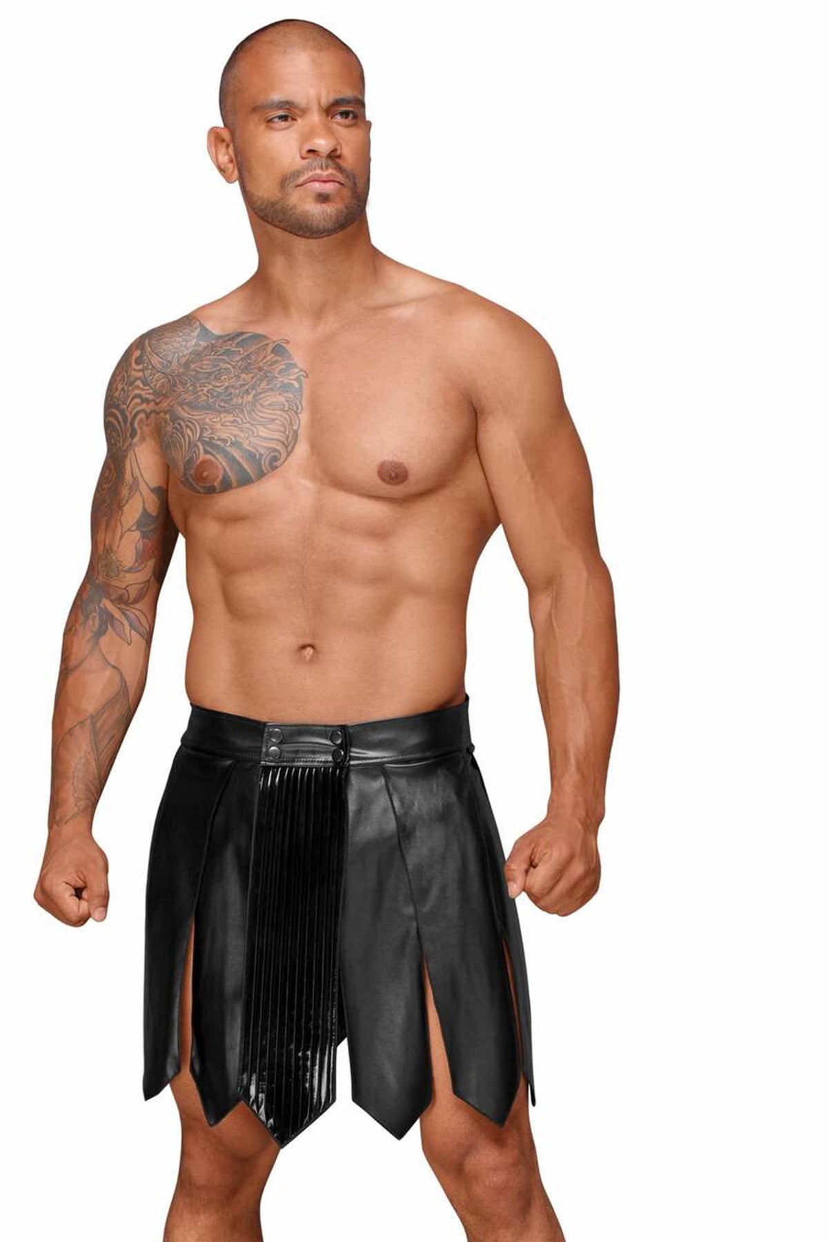 Black eco-leather men's gladiator skirt with PVC pleats by Noir Handmade