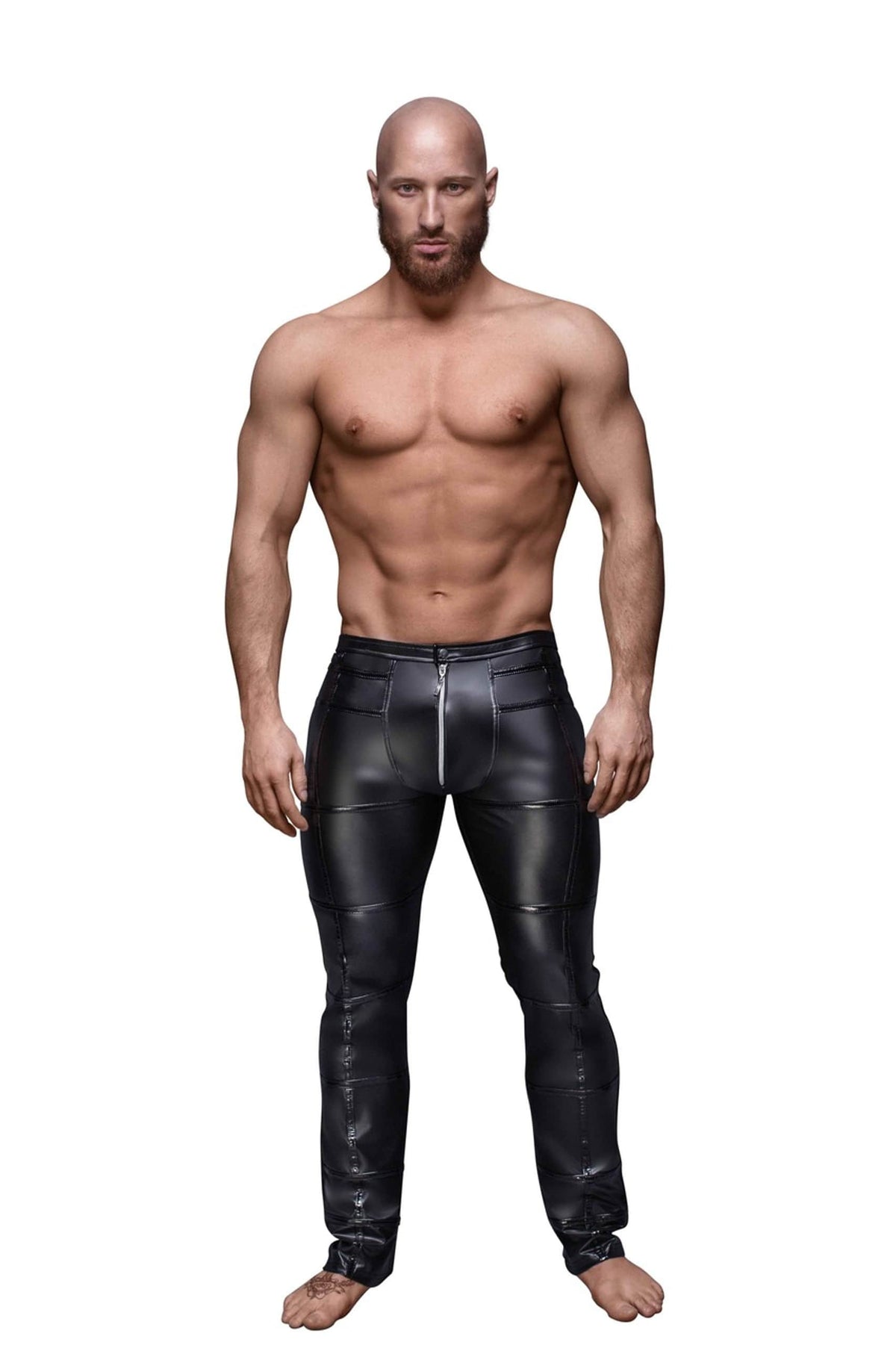 Black men's wetlook long pants with PVC appliques by Noir Handmade