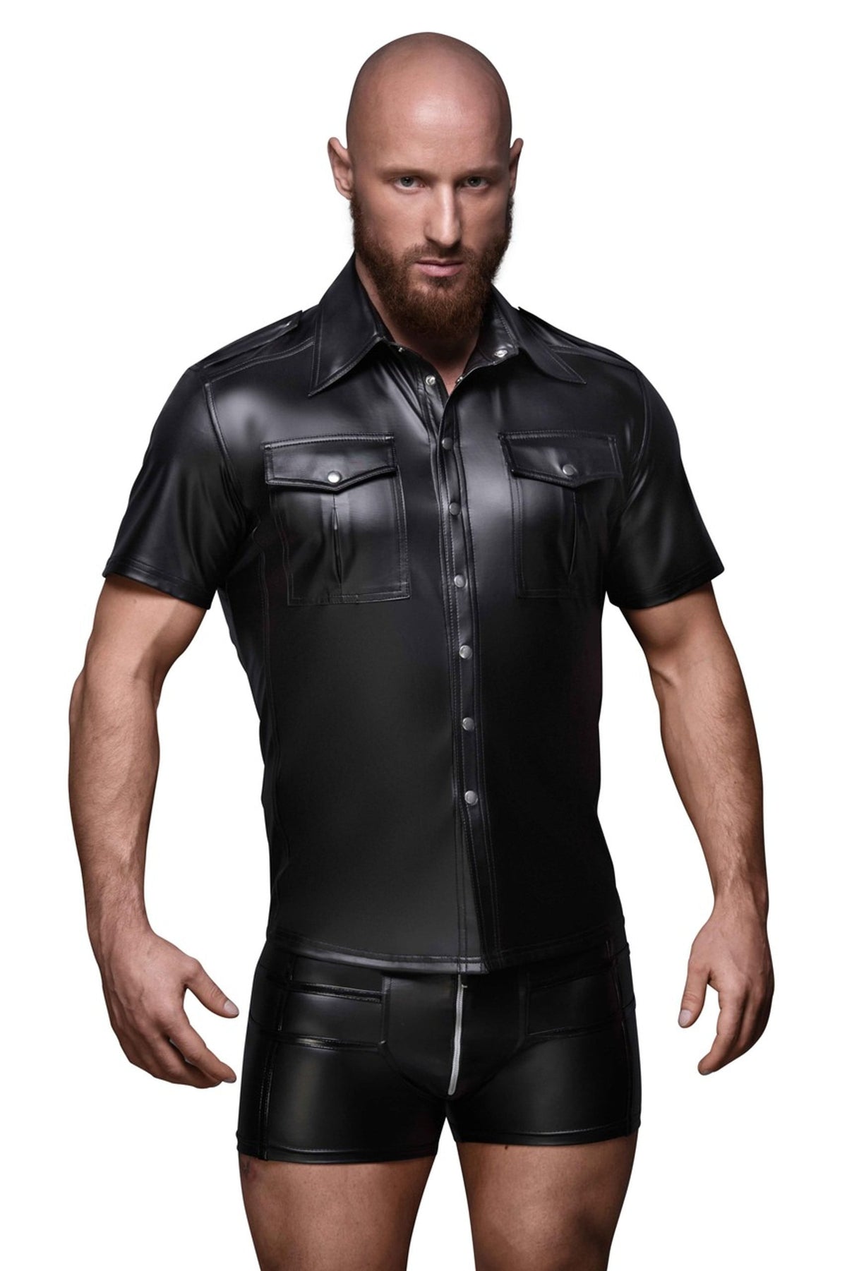 Black men's wetlook shirt with chest pockets by Noir Handmade