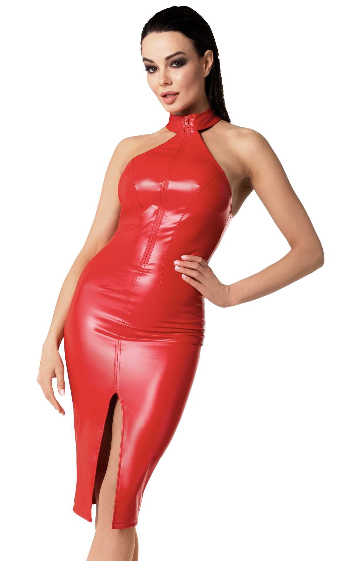 Orgia red power wetlook halter midi dress with front zipper by Noir Handmade