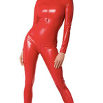 Orgia red power wetlook jumpsuit with three-way zipper by Noir Handmade