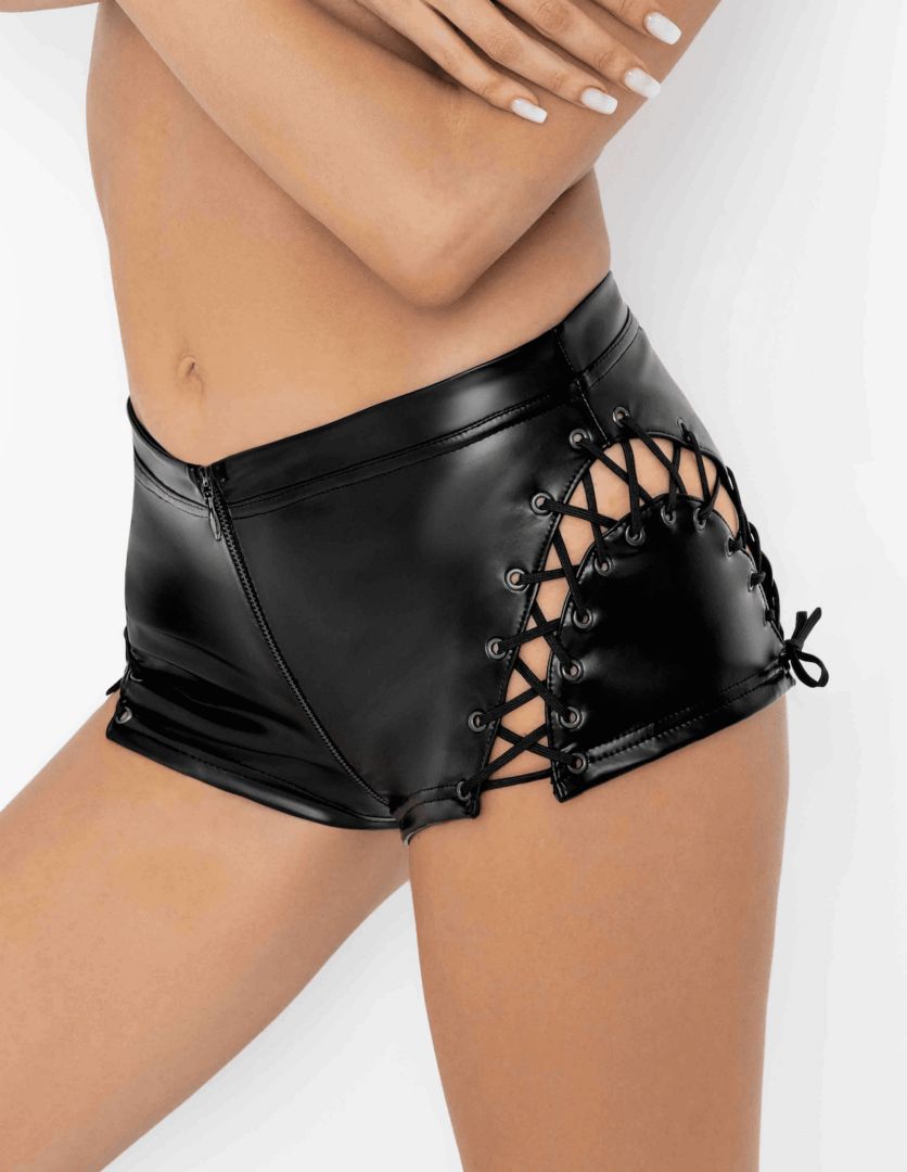 Black powerwetlook shorts with lace accents by Noir Handmade