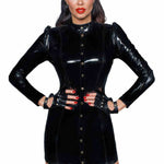 Black short PVC dress with gold front clasps by Noir Handmade