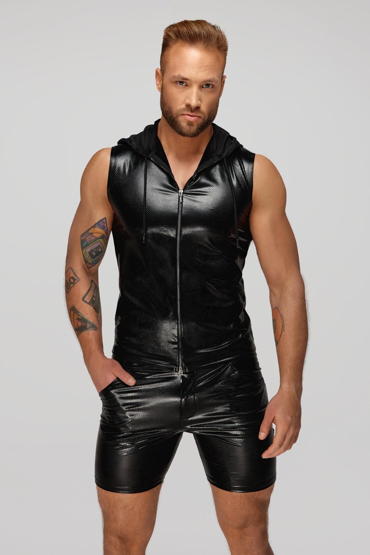 Black snake print wetlook sleeveless zip-up top with sheer hood by Noir Handmade