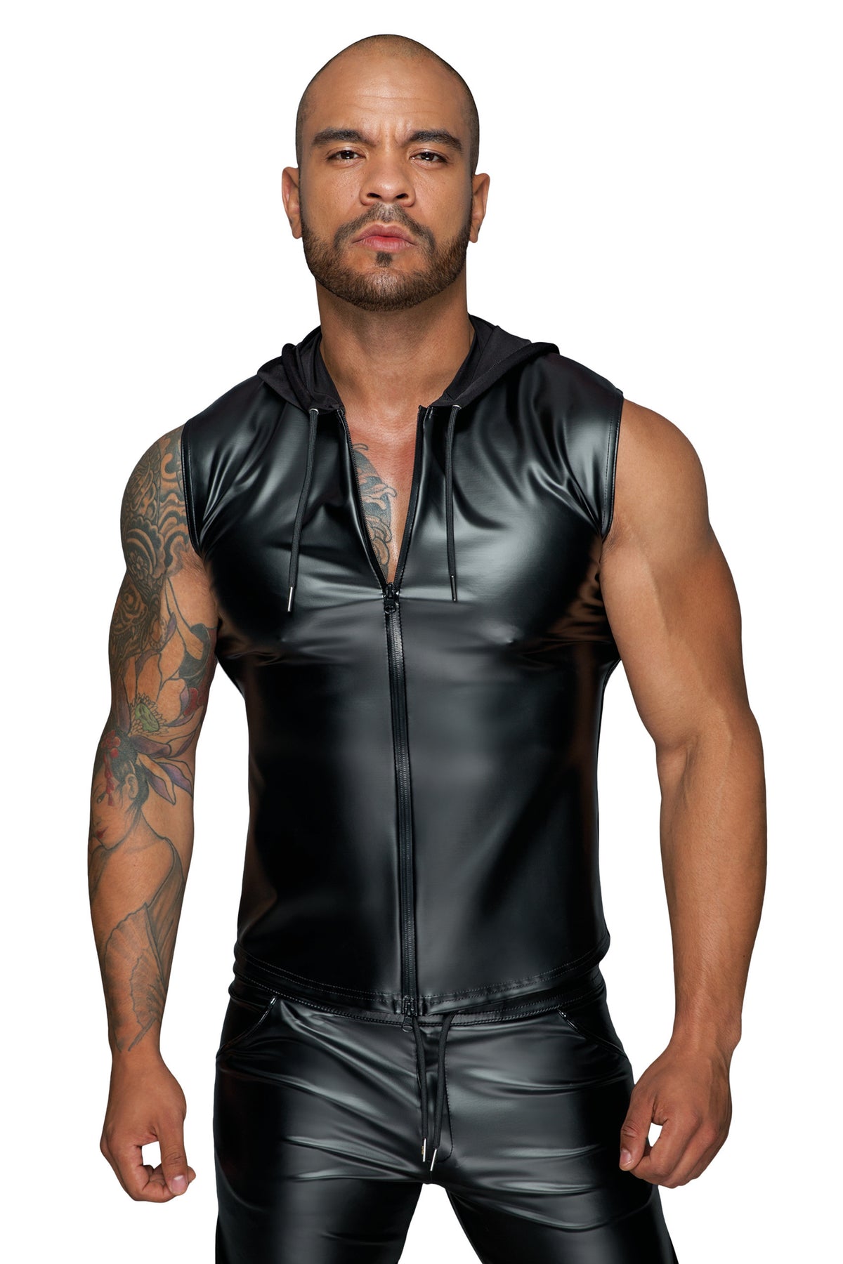 Black sleeveless wetlook hooded shirt with two-way zipper by Noir Handmade