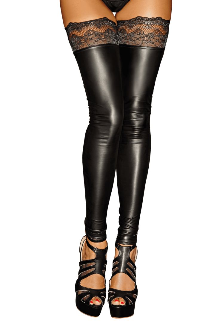 Black wetlook stockings with silicone lace top by Noir Handmade