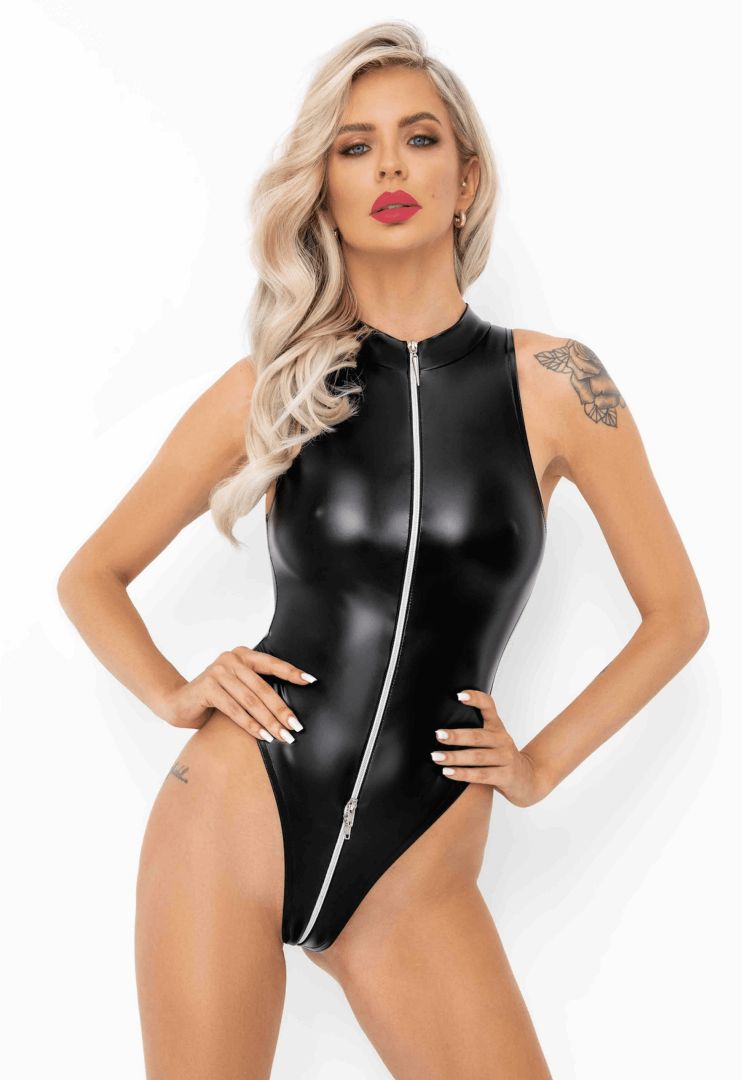 Black powerwetlook bodysuit with front zipper by Noir Handmade