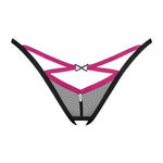 The Novenes black and purple striped crotchless thong seen from another angle