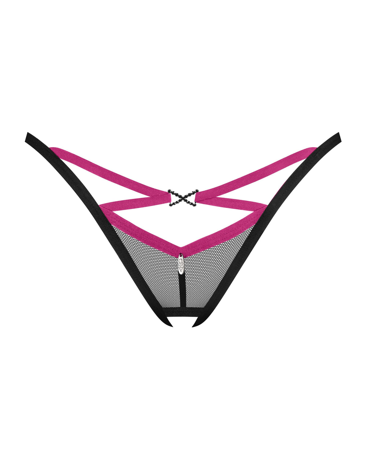 The Novenes black and purple striped crotchless thong seen from another angle