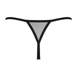The Novenes black and purple striped crotchless thong made from translucent soft fabric