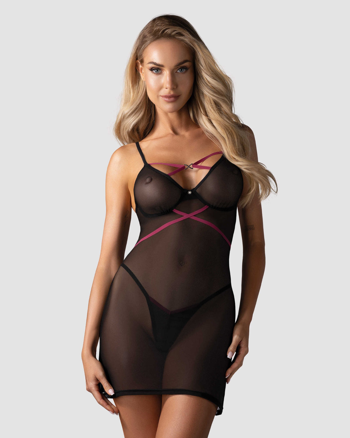 The Novenes black transparent chemise and thong seen from another angle
