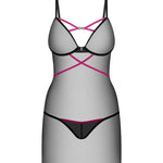 The Novenes black transparent chemise and thong, featuring a pendant set with black zircons