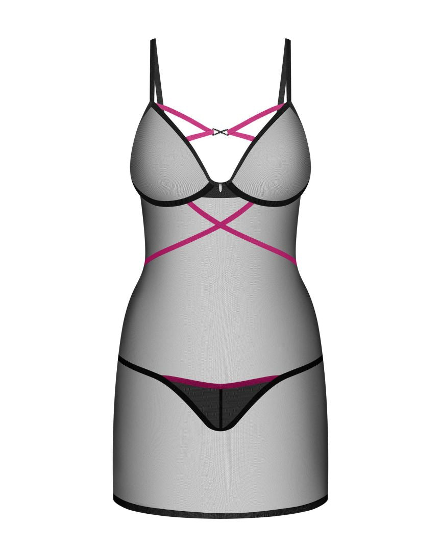 The Novenes black transparent chemise and thong, featuring a pendant set with black zircons