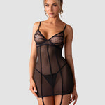 An alternate view of the Nuites black fitted chemise and thong, with underwired cups
