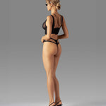 Nuites black mesh double thong featuring vertical front seams and side boning